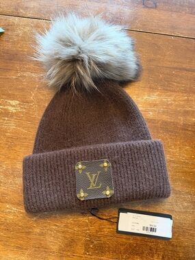 Monogram Brown Angora Hat With Raccoon Pom Pom
